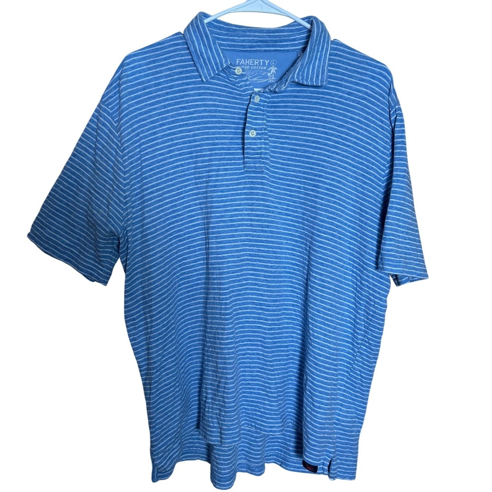 Faherty Cloud Cotton Polo Shirt Mens Large Blue White‎ Striped Pima Modal Blend